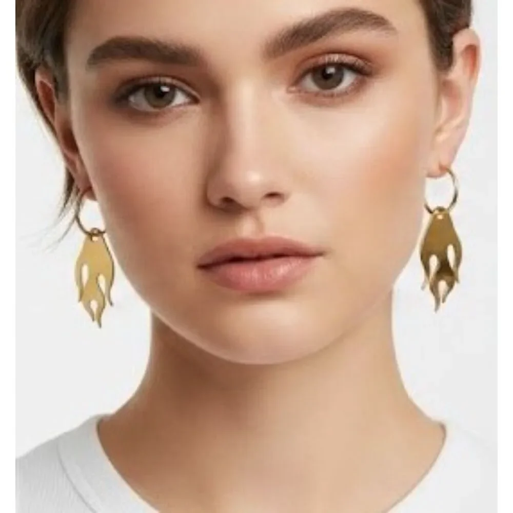 Gold Tone Hoop Flame Drop Statement Earrings